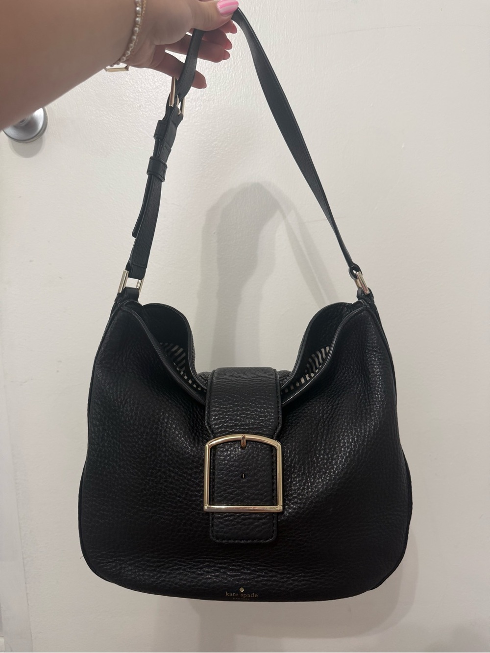 Kate Spade Black Pebbled Leather Hobo Shoulder Bag with Gold Buckle